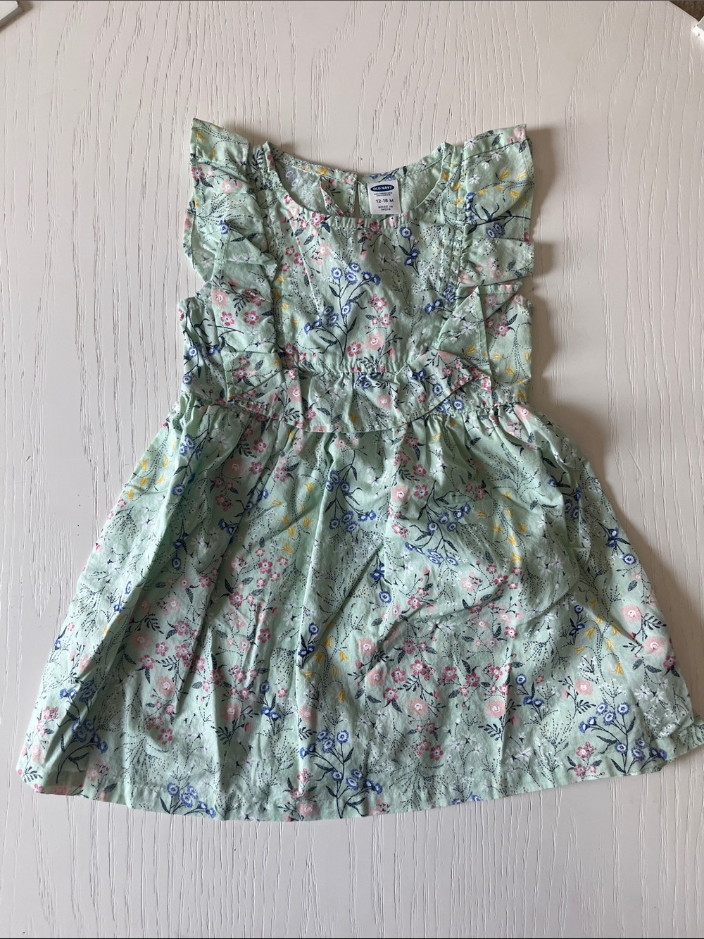 Old Navy Mint Green Floral Ruffle Dress with Pink & Blue Accents
